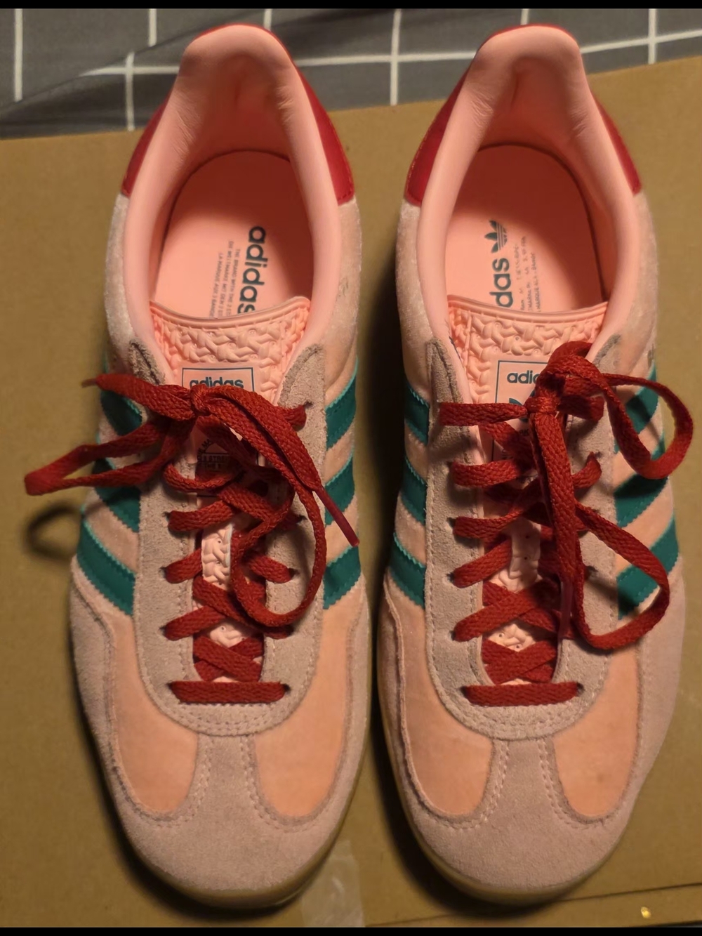 adidas Women’s Pink Suede Sneakers with Teal Stripes and Red Laces